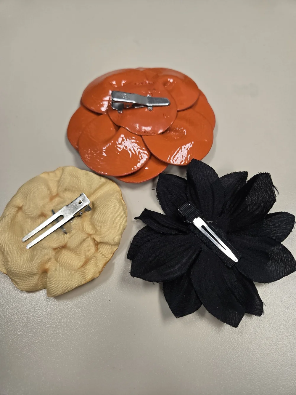 Floral Clip Set - Orange, Black & Gold Fabric Flower Hair Accessories